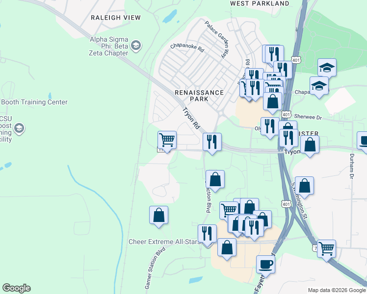 map of restaurants, bars, coffee shops, grocery stores, and more near 750 Cupola Drive in Raleigh