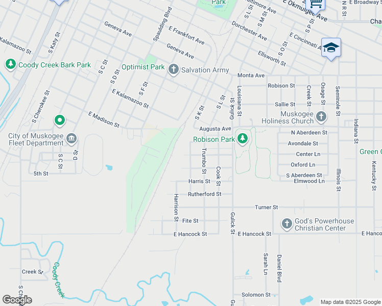 map of restaurants, bars, coffee shops, grocery stores, and more near 1004 East Holden Street in Muskogee
