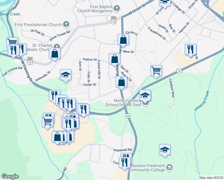 map of restaurants, bars, coffee shops, grocery stores, and more near 112 Greenbriar Lane in Morganton