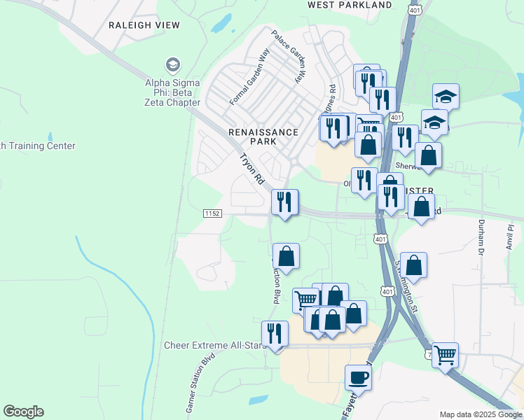 map of restaurants, bars, coffee shops, grocery stores, and more near 832 Cupola Drive in Raleigh
