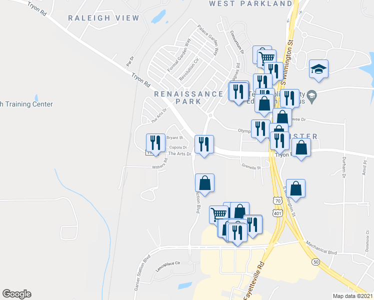 map of restaurants, bars, coffee shops, grocery stores, and more near 826 Cupola Drive in Raleigh