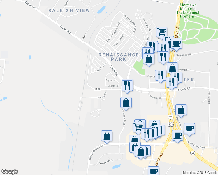 map of restaurants, bars, coffee shops, grocery stores, and more near 738 Cupola Drive in Raleigh