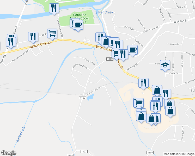 map of restaurants, bars, coffee shops, grocery stores, and more near 315 Golf Course Road in Morganton