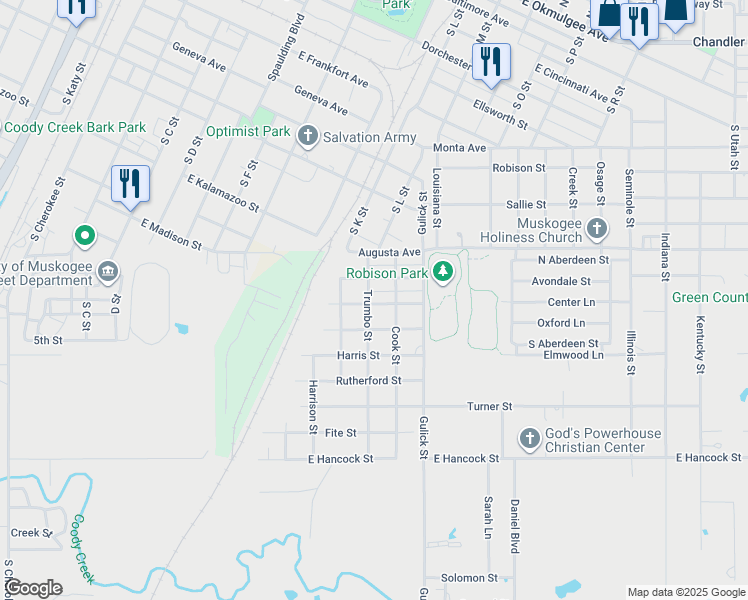 map of restaurants, bars, coffee shops, grocery stores, and more near 1004 East Holden Street in Muskogee