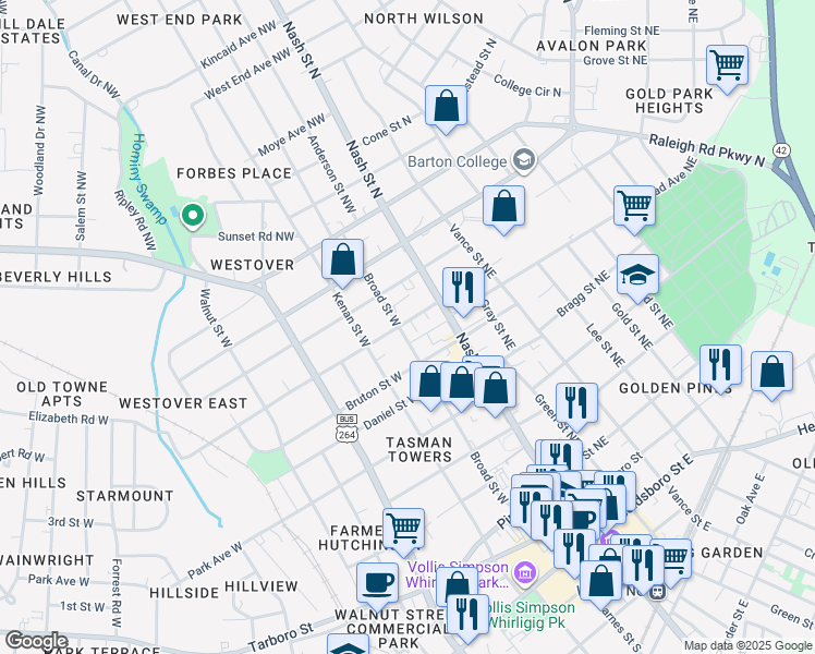 map of restaurants, bars, coffee shops, grocery stores, and more near 616 Broad Street West in Wilson