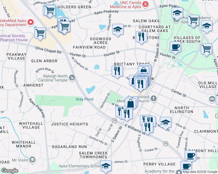 map of restaurants, bars, coffee shops, grocery stores, and more near 407 Holleman Street in Apex