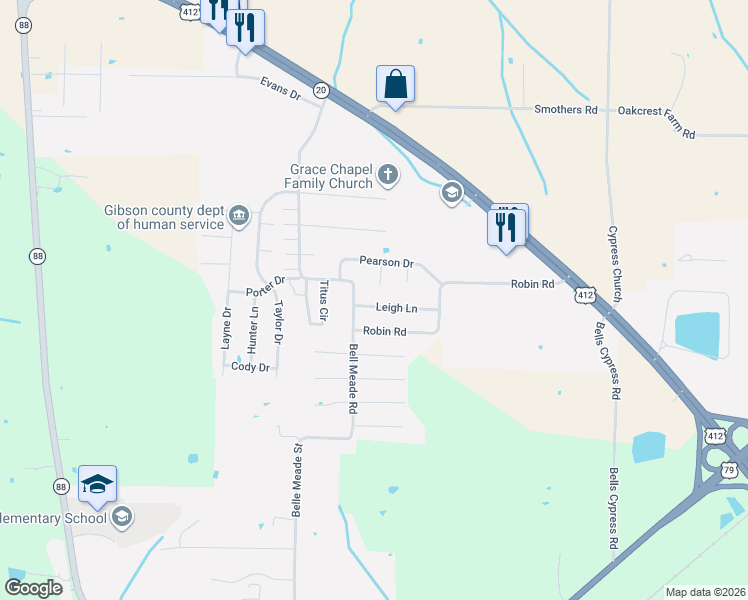 map of restaurants, bars, coffee shops, grocery stores, and more near 46 Leigh Lane in Bells