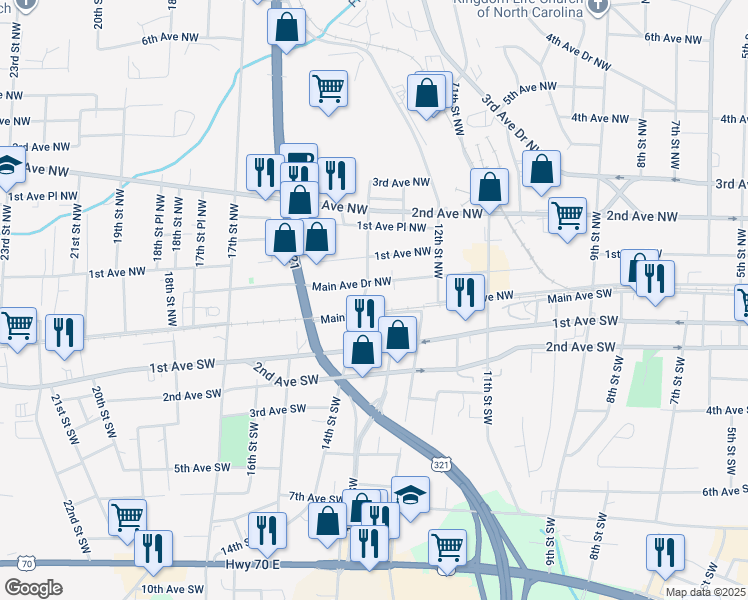 map of restaurants, bars, coffee shops, grocery stores, and more near 16 14th St NW in Hickory