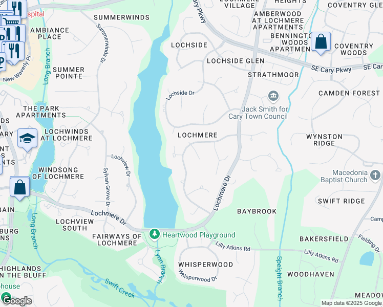 map of restaurants, bars, coffee shops, grocery stores, and more near 102 Shadow Bend Lane in Cary