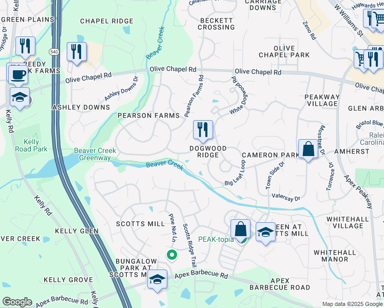 map of restaurants, bars, coffee shops, grocery stores, and more near 1319 Pendula Path in Apex