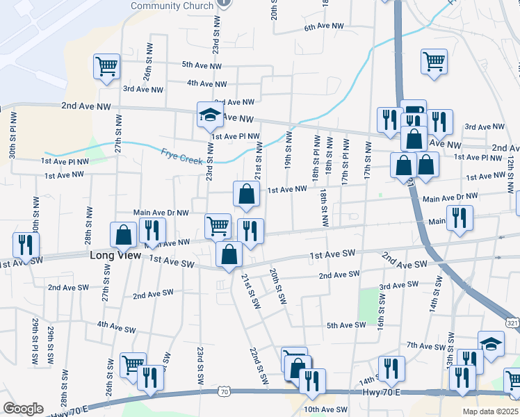 map of restaurants, bars, coffee shops, grocery stores, and more near 45 20th Street Northwest in Hickory
