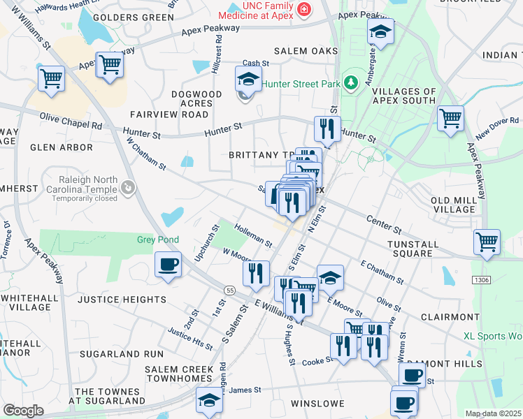 map of restaurants, bars, coffee shops, grocery stores, and more near 210 West Chatham Street in Apex