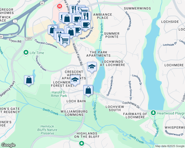 map of restaurants, bars, coffee shops, grocery stores, and more near 329 Glen Echo Lane in Cary