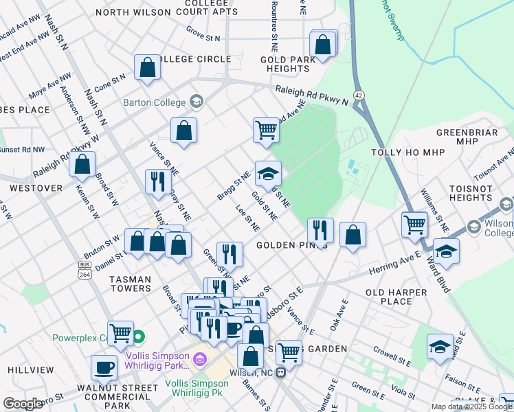 map of restaurants, bars, coffee shops, grocery stores, and more near 319 Gold Street Northeast in Wilson