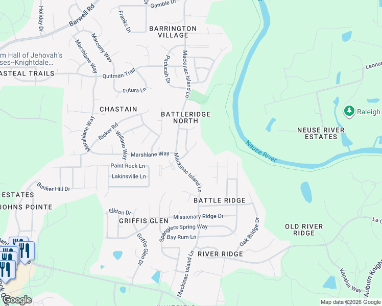 map of restaurants, bars, coffee shops, grocery stores, and more near 3816 Moncacy Court in Raleigh