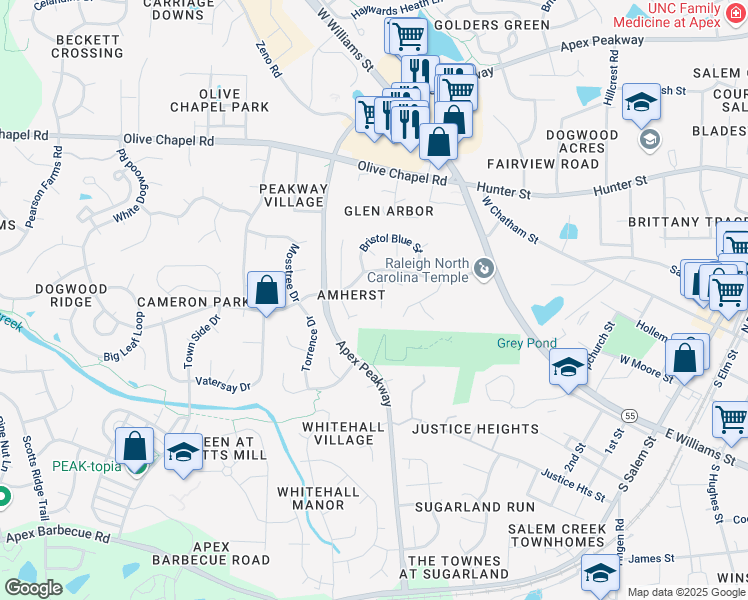 map of restaurants, bars, coffee shops, grocery stores, and more near 707 Mid Summer Lane in Apex