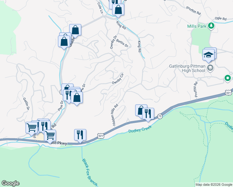 map of restaurants, bars, coffee shops, grocery stores, and more near 428 Moody Drive in Gatlinburg