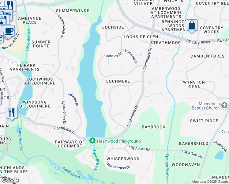 map of restaurants, bars, coffee shops, grocery stores, and more near 102 Shadow Bend Lane in Cary
