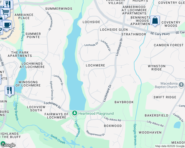 map of restaurants, bars, coffee shops, grocery stores, and more near 104 Shadow Bend Lane in Cary