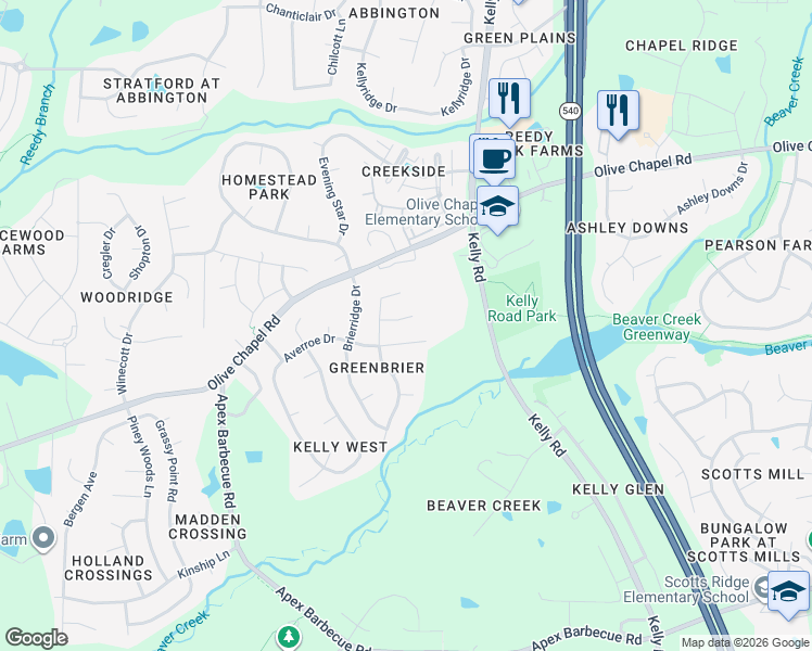 map of restaurants, bars, coffee shops, grocery stores, and more near 710 Averroe Drive in Apex