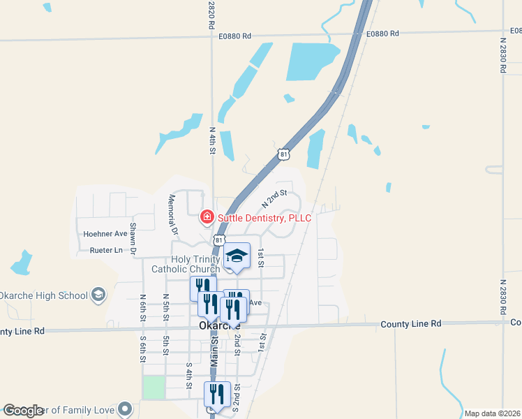 map of restaurants, bars, coffee shops, grocery stores, and more near 510 North 2nd Street in Okarche