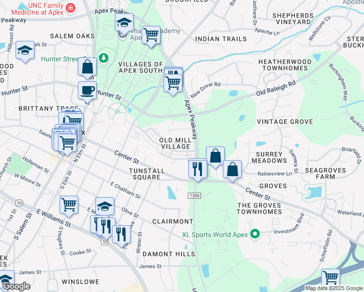 map of restaurants, bars, coffee shops, grocery stores, and more near 614 Sawcut Lane in Apex