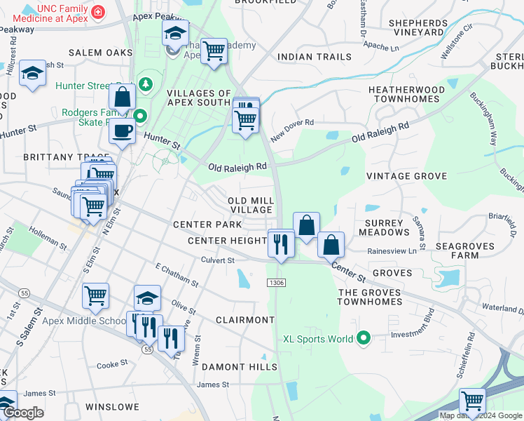 map of restaurants, bars, coffee shops, grocery stores, and more near 618 Sawcut Lane in Apex