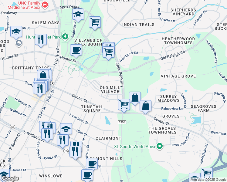 map of restaurants, bars, coffee shops, grocery stores, and more near 324 Old Mill Village Drive in Apex