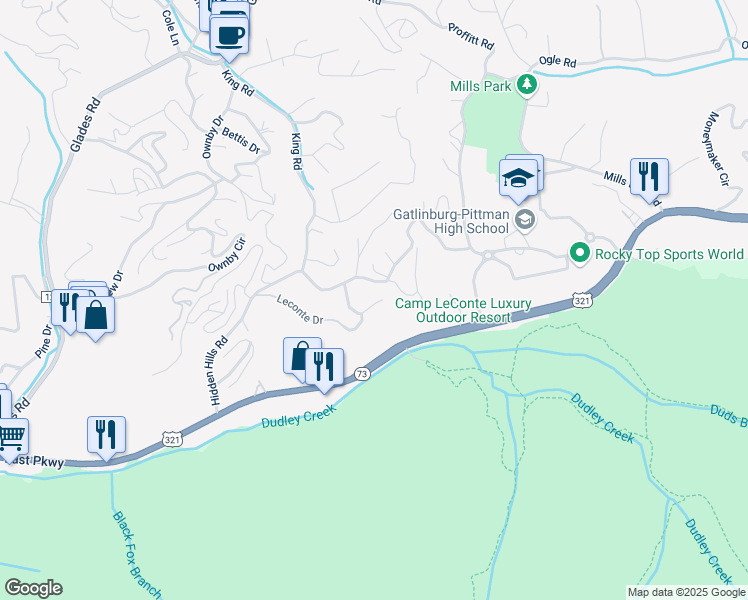 map of restaurants, bars, coffee shops, grocery stores, and more near 221 Woodland Road in Gatlinburg