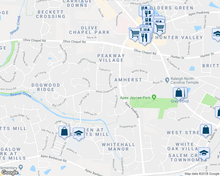 map of restaurants, bars, coffee shops, grocery stores, and more near 1820 White Dogwood Road in Apex