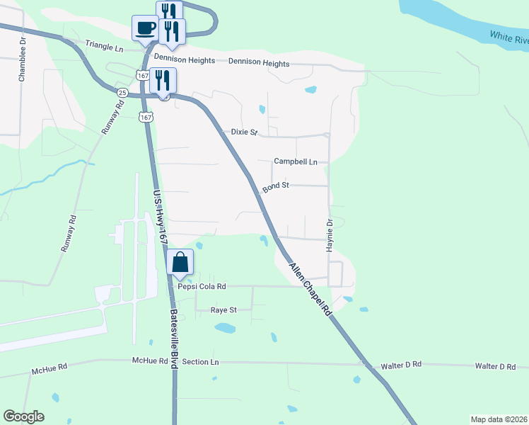 map of restaurants, bars, coffee shops, grocery stores, and more near 2 Penny Linda Lane in Batesville