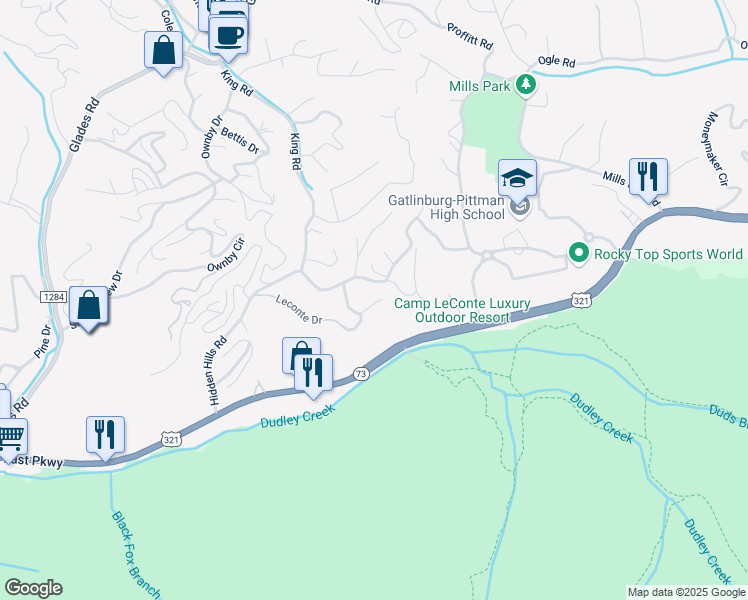 map of restaurants, bars, coffee shops, grocery stores, and more near 221 Woodland Road in Gatlinburg