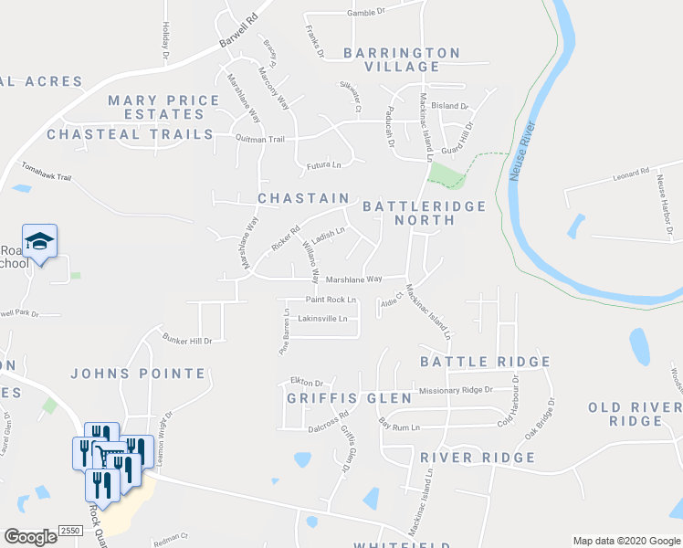 map of restaurants, bars, coffee shops, grocery stores, and more near 3725 Marshlane Way in Raleigh