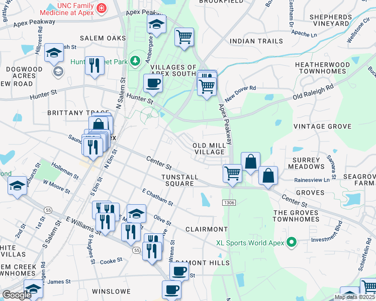 map of restaurants, bars, coffee shops, grocery stores, and more near 517 Old Mill Village Drive in Apex