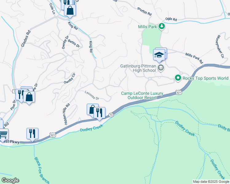 map of restaurants, bars, coffee shops, grocery stores, and more near 221 Woodland Road in Gatlinburg