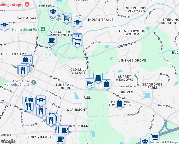 map of restaurants, bars, coffee shops, grocery stores, and more near 2302 Apex Peakway in Apex