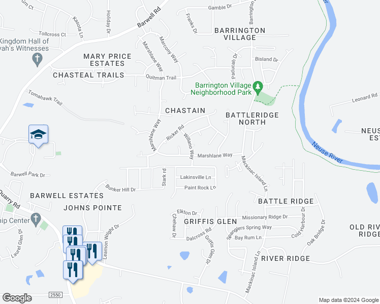 map of restaurants, bars, coffee shops, grocery stores, and more near 3681 Marshlane Way in Raleigh