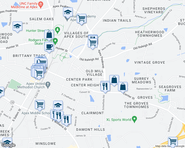 map of restaurants, bars, coffee shops, grocery stores, and more near 518 Sawcut Lane in Apex