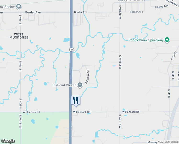 map of restaurants, bars, coffee shops, grocery stores, and more near 2412 East Coburn Circle in Muskogee