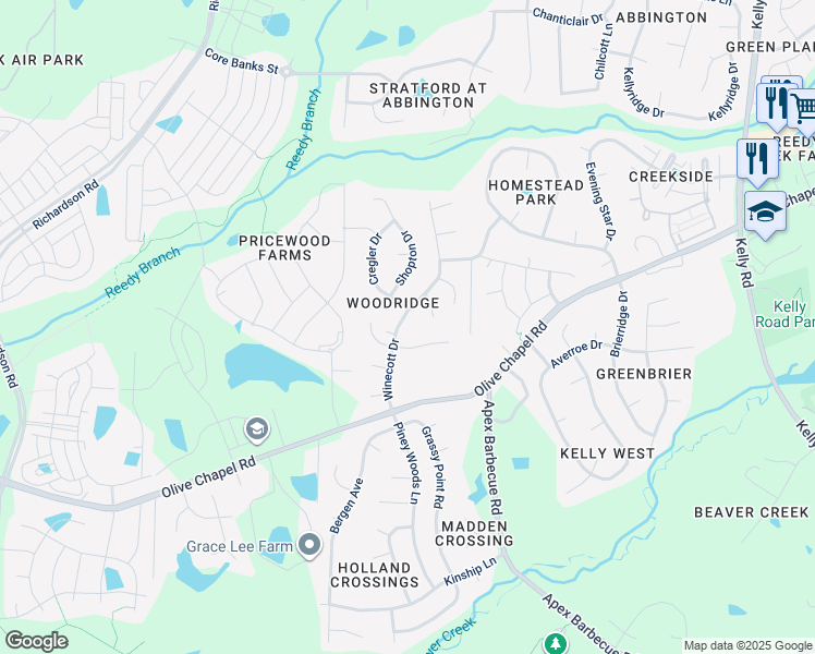 map of restaurants, bars, coffee shops, grocery stores, and more near 4005 Winecott Dr in Apex