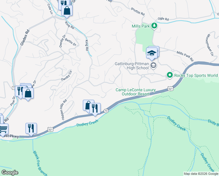 map of restaurants, bars, coffee shops, grocery stores, and more near 221 Woodland Road in Gatlinburg