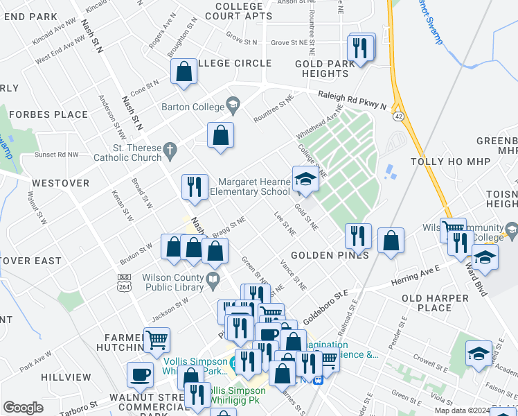 map of restaurants, bars, coffee shops, grocery stores, and more near 308 Bragg Street Northeast in Wilson