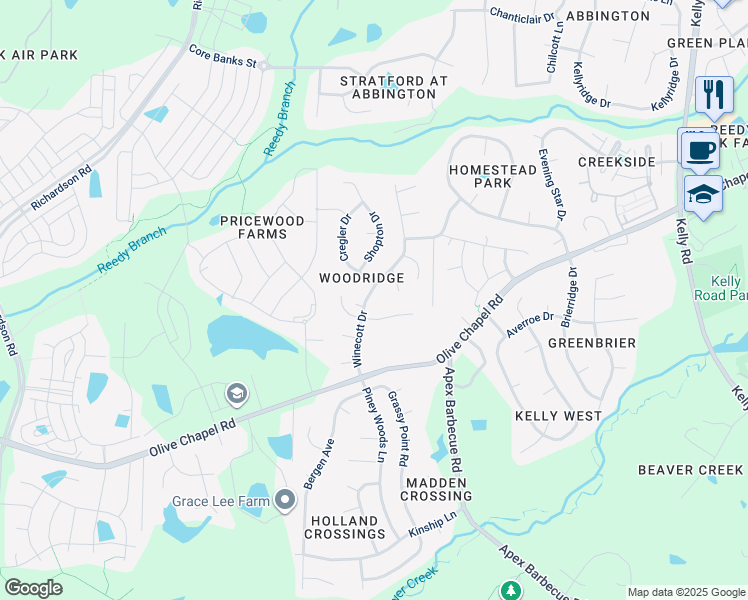 map of restaurants, bars, coffee shops, grocery stores, and more near 4005 Winecott Dr in Apex