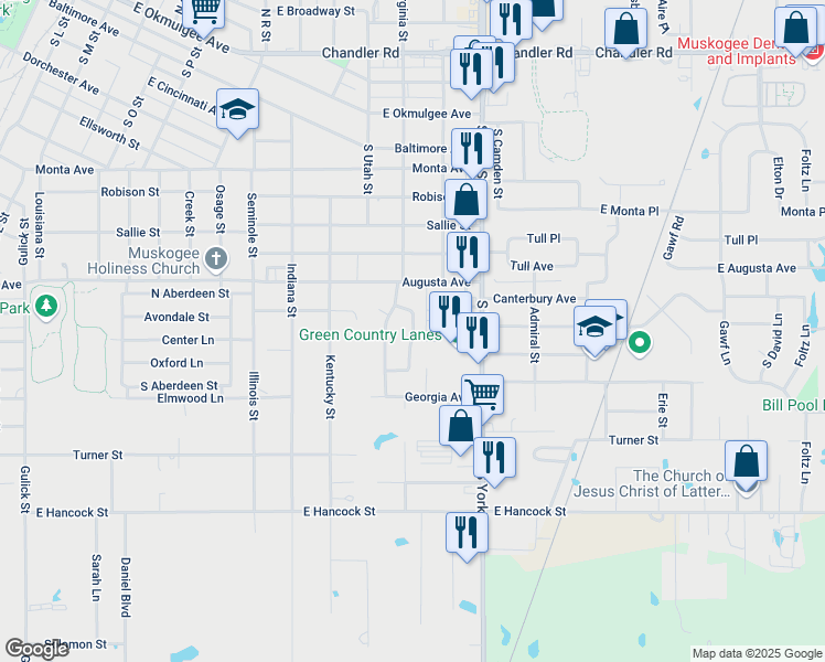 map of restaurants, bars, coffee shops, grocery stores, and more near 1102 South Virginia Street in Muskogee