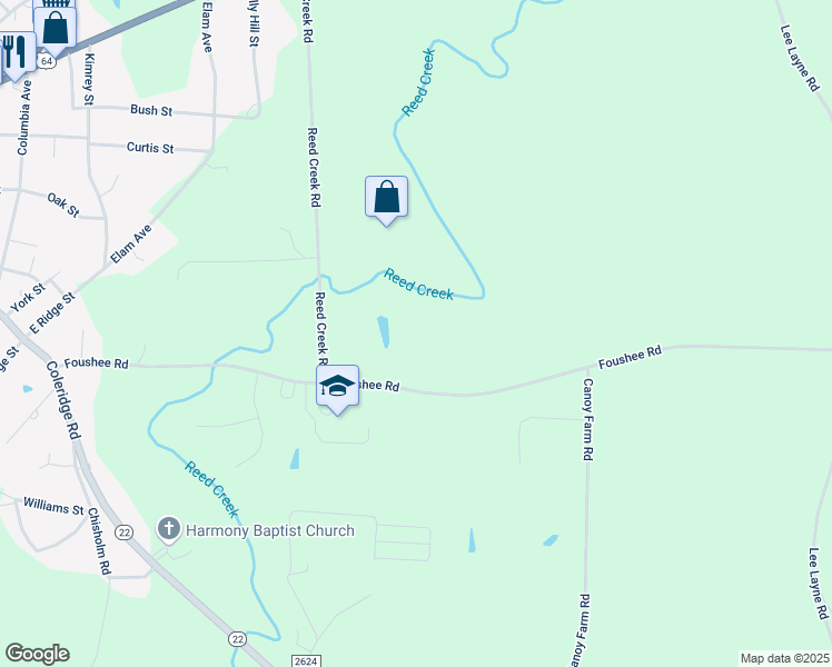 map of restaurants, bars, coffee shops, grocery stores, and more near 5425 Foushee Road in Ramseur