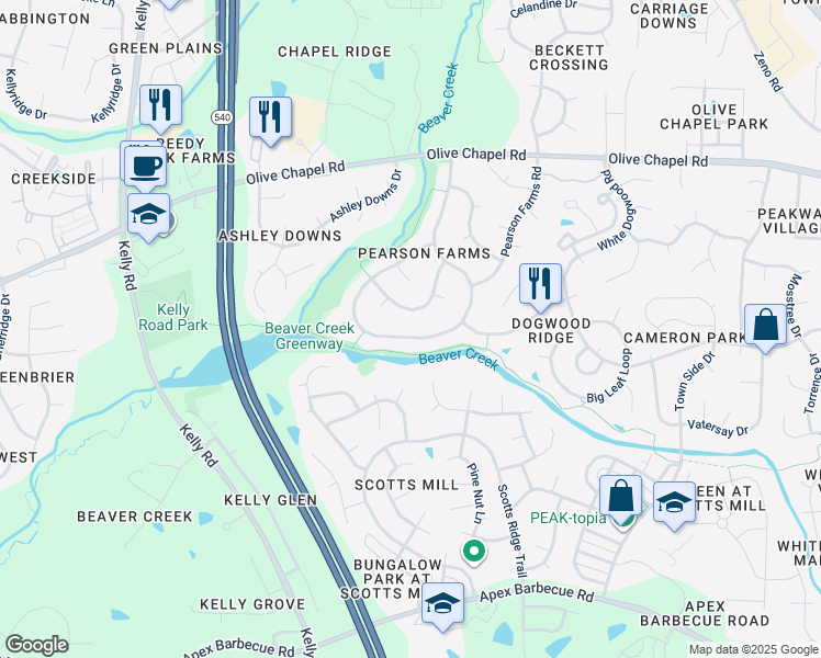 map of restaurants, bars, coffee shops, grocery stores, and more near 1515 Patterson Grove Road in Apex