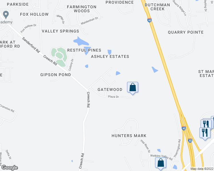 map of restaurants, bars, coffee shops, grocery stores, and more near 109 Woodgate Drive in Garner