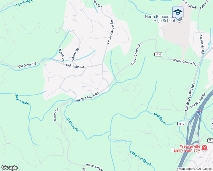 map of restaurants, bars, coffee shops, grocery stores, and more near 525 Clarks Chapel Road in Weaverville