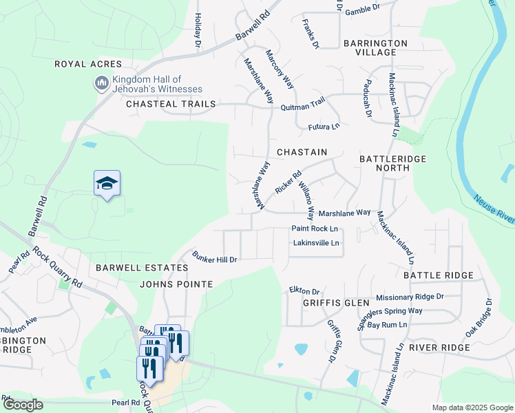 map of restaurants, bars, coffee shops, grocery stores, and more near 5849 Ricker Road in Raleigh