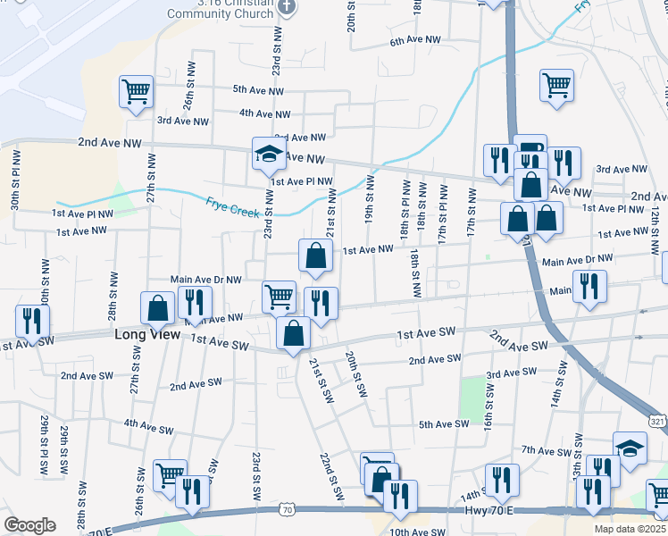 map of restaurants, bars, coffee shops, grocery stores, and more near 55 20th Street Northwest in Hickory
